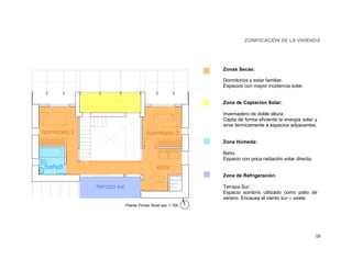 ZONIFICACIÓN DE LA VIVIENDA




                                Zonas Secas:

                                Dormitorios y estar familiar.
                                Espacios con mayor incidencia solar.


                                Zona de Captación Solar:

                                Invernadero de doble altura.
                                Capta de forma eficiente la energía solar y
                                sirve térmicamente a espacios adyacentes.


                                Zona Húmeda:

                                Baño.
                                Espacio con poca radiación solar directa.


                                Zona de Refrigeración:

                                Terraza Sur.
                                Espacio sombrío utilizado como patio de
                                verano. Encausa el viento sur – oeste.
Planta Primer Nivel esc 1:100




                                                                            10
 