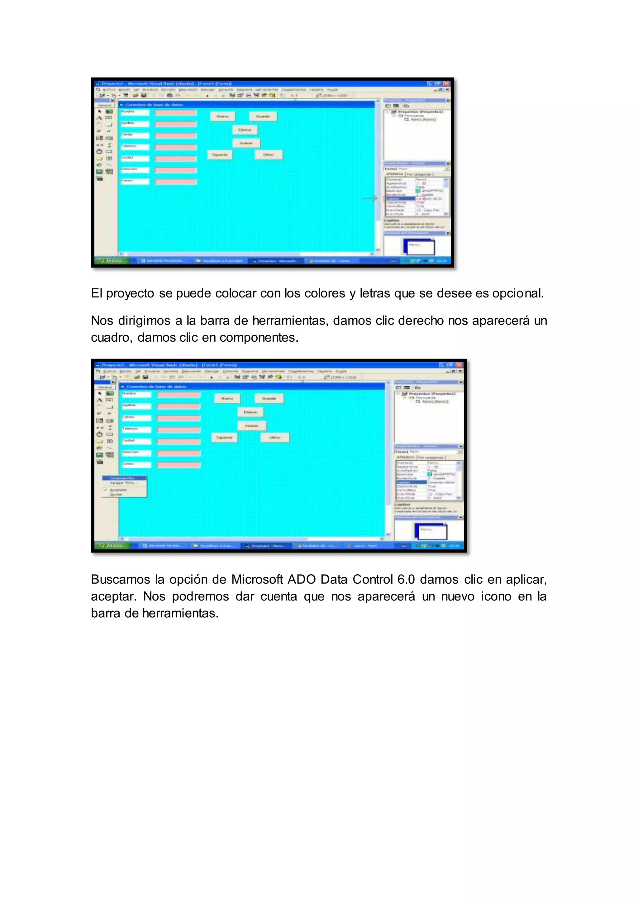 El proyecto se puede colocar con los colores y letras que se desee es opcional.
Nos dirigimos a la barra de herramientas, damos clic derecho nos aparecerá un
cuadro, damos clic en componentes.
Buscamos la opción de Microsoft ADO Data Control 6.0 damos clic en aplicar,
aceptar. Nos podremos dar cuenta que nos aparecerá un nuevo icono en la
barra de herramientas.
 