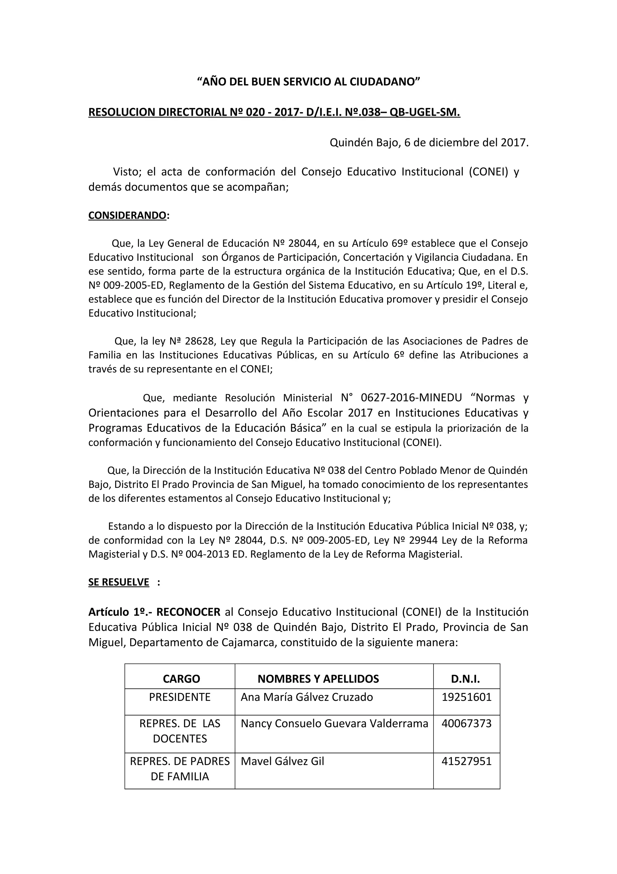 “AÑO DEL BUEN SERVICIO AL CIUDADANO”
RESOLUCION DIRECTORIAL Nº 020 - 2017- D/I.E.I. Nº.038– QB-UGEL-SM.
Quindén Bajo, 6 de diciembre del 2017.
Visto; el acta de conformación del Consejo Educativo Institucional (CONEI) y
demás documentos que se acompañan;
CONSIDERANDO:
Que, la Ley General de Educación Nº 28044, en su Artículo 69º establece que el Consejo
Educativo Institucional son Órganos de Participación, Concertación y Vigilancia Ciudadana. En
ese sentido, forma parte de la estructura orgánica de la Institución Educativa; Que, en el D.S.
Nº 009-2005-ED, Reglamento de la Gestión del Sistema Educativo, en su Artículo 19º, Literal e,
establece que es función del Director de la Institución Educativa promover y presidir el Consejo
Educativo Institucional;
Que, la ley Nª 28628, Ley que Regula la Participación de las Asociaciones de Padres de
Familia en las Instituciones Educativas Públicas, en su Artículo 6º define las Atribuciones a
través de su representante en el CONEI;
Que, mediante Resolución Ministerial N° 0627-2016-MINEDU “Normas y
Orientaciones para el Desarrollo del Año Escolar 2017 en Instituciones Educativas y
Programas Educativos de la Educación Básica” en la cual se estipula la priorización de la
conformación y funcionamiento del Consejo Educativo Institucional (CONEI).
Que, la Dirección de la Institución Educativa Nº 038 del Centro Poblado Menor de Quindén
Bajo, Distrito El Prado Provincia de San Miguel, ha tomado conocimiento de los representantes
de los diferentes estamentos al Consejo Educativo Institucional y;
Estando a lo dispuesto por la Dirección de la Institución Educativa Pública Inicial Nº 038, y;
de conformidad con la Ley Nº 28044, D.S. Nº 009-2005-ED, Ley Nº 29944 Ley de la Reforma
Magisterial y D.S. Nº 004-2013 ED. Reglamento de la Ley de Reforma Magisterial.
SE RESUELVE :
Artículo 1º.- RECONOCER al Consejo Educativo Institucional (CONEI) de la Institución
Educativa Pública Inicial Nº 038 de Quindén Bajo, Distrito El Prado, Provincia de San
Miguel, Departamento de Cajamarca, constituido de la siguiente manera:
CARGO NOMBRES Y APELLIDOS D.N.I.
PRESIDENTE Ana María Gálvez Cruzado 19251601
REPRES. DE LAS
DOCENTES
Nancy Consuelo Guevara Valderrama 40067373
REPRES. DE PADRES
DE FAMILIA
Mavel Gálvez Gil 41527951
 