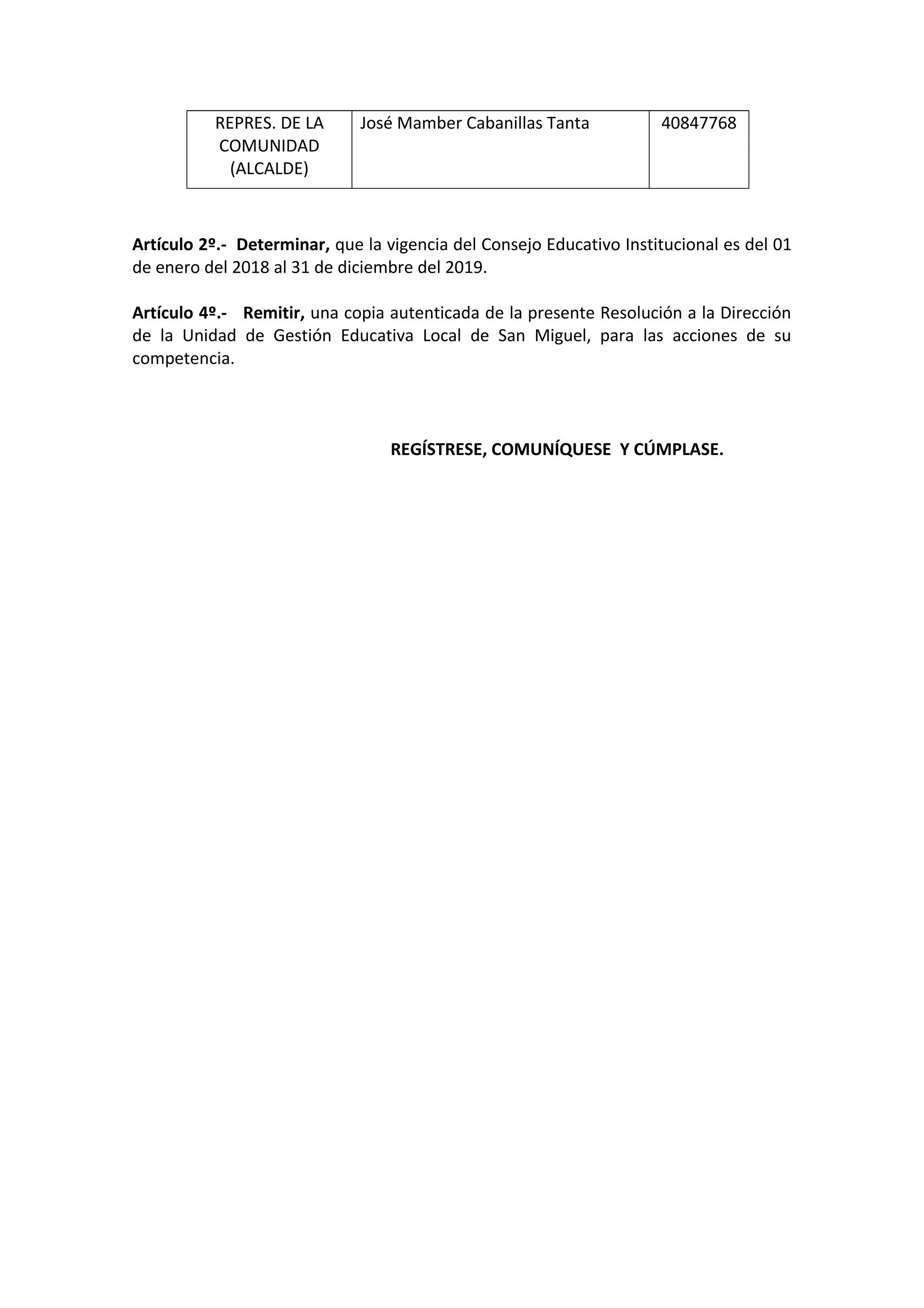 REPRES. DE LA
COMUNIDAD
(ALCALDE)
José Mamber Cabanillas Tanta 40847768
Artículo 2º.- Determinar, que la vigencia del Consejo Educativo Institucional es del 01
de enero del 2018 al 31 de diciembre del 2019.
Artículo 4º.- Remitir, una copia autenticada de la presente Resolución a la Dirección
de la Unidad de Gestión Educativa Local de San Miguel, para las acciones de su
competencia.
REGÍSTRESE, COMUNÍQUESE Y CÚMPLASE.
 