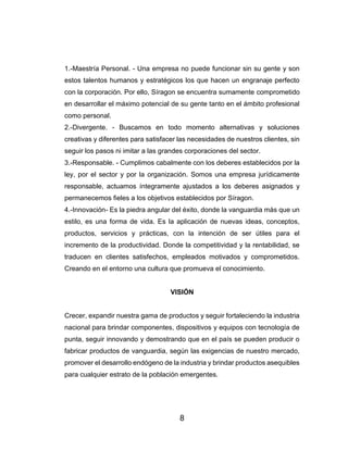 8
1.-Maestría Personal. - Una empresa no puede funcionar sin su gente y son
estos talentos humanos y estratégicos los que hacen un engranaje perfecto
con la corporación. Por ello, Síragon se encuentra sumamente comprometido
en desarrollar el máximo potencial de su gente tanto en el ámbito profesional
como personal.
2.-Divergente. - Buscamos en todo momento alternativas y soluciones
creativas y diferentes para satisfacer las necesidades de nuestros clientes, sin
seguir los pasos ni imitar a las grandes corporaciones del sector.
3.-Responsable. - Cumplimos cabalmente con los deberes establecidos por la
ley, por el sector y por la organización. Somos una empresa jurídicamente
responsable, actuamos íntegramente ajustados a los deberes asignados y
permanecemos fieles a los objetivos establecidos por Síragon.
4.-Innovación- Es la piedra angular del éxito, donde la vanguardia más que un
estilo, es una forma de vida. Es la aplicación de nuevas ideas, conceptos,
productos, servicios y prácticas, con la intención de ser útiles para el
incremento de la productividad. Donde la competitividad y la rentabilidad, se
traducen en clientes satisfechos, empleados motivados y comprometidos.
Creando en el entorno una cultura que promueva el conocimiento.
VISIÓN
Crecer, expandir nuestra gama de productos y seguir fortaleciendo la industria
nacional para brindar componentes, dispositivos y equipos con tecnología de
punta, seguir innovando y demostrando que en el país se pueden producir o
fabricar productos de vanguardia, según las exigencias de nuestro mercado,
promover el desarrollo endógeno de la industria y brindar productos asequibles
para cualquier estrato de la población emergentes.
 