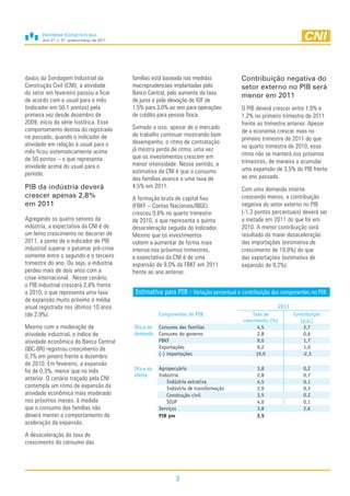 Ano 27, n. 01, janeiro/março de 2011




dados da Sondagem Industrial da               famílias está baseada nas medidas           Contribuição negativa do
Construção Civil (CNI), a atividade           macroprudenciais implantadas pelo           setor externo no PIB será
do setor em fevereiro passou a ficar          Banco Central, pelo aumento da taxa         menor em 2011
de acordo com o usual para o mês              de juros e pela elevação do IOF de
(indicador em 50,1 pontos) pela               1,5% para 3,0% ao ano para operações        O PIB deverá crescer entre 1,0% e
primeira vez desde dezembro de                de crédito para pessoa física.              1,2% no primeiro trimestre de 2011
2009, início da série histórica. Esse                                                     frente ao trimestre anterior. Apesar
comportamento destoa do registrado            Somado a isso, apesar de o mercado
                                                                                          de a economia crescer mais no
no passado, quando o indicador de             de trabalho continuar mostrando bom
                                                                                          primeiro trimestre de 2011 do que
atividade em relação à usual para o           desempenho, o ritmo de contratação
                                              já mostra perda de ritmo, uma vez           no quarto trimestre de 2010, esse
mês ficou sistematicamente acima                                                          ritmo não se manterá nos próximos
de 50 pontos – o que representa               que os investimentos crescem em
                                              menor intensidade. Nesse sentido, a         trimestres, de maneira a acumular
atividade acima do usual para o                                                           uma expansão de 3,5% do PIB frente
período.                                      estimativa da CNI é que o consumo
                                              das famílias avance a uma taxa de           ao ano passado.
PIB da indústria deverá                       4,5% em 2011.
                                                                                          Com uma demanda interna
crescer apenas 2,8%                           A formação bruta de capital fixo            crescendo menos, a contribuição
em 2011                                       (FBKF – Contas Nacionais/IBGE)              negativa do setor externo no PIB
                                              cresceu 0,6% no quarto trimestre            (-1,3 pontos percentuais) deverá ser
Agregando os quatro setores da                de 2010, o que representa a quinta          a metade em 2011 do que foi em
indústria, a expectativa da CNI é de          desaceleração seguida do indicador.         2010. A menor contribuição será
um lento crescimento no decorrer de           Mesmo que os investimentos                  resultado da maior desaceleração
2011, a ponto de o indicador de PIB           voltem a aumentar de forma mais             das importações (estimativa de
industrial superar o patamar pré-crise        intensa nos próximos trimestres,            crescimento de 19,0%) do que
somente entre o segundo e o terceiro          a expectativa da CNI é de uma               das exportações (estimativa de
trimestre do ano. Ou seja, a indústria        expansão de 9,0% da FBKF em 2011            expansão de 9,2%).
perdeu mais de dois anos com a                frente ao ano anterior.
crise internacional. Nesse cenário,
o PIB industrial crescerá 2,8% frente
a 2010, o que representa uma taxa              Estimativa para PIB - Variação percentual e contribuição dos componentes no PIB
de expansão muito próxima à média
anual registrada nos últimos 10 anos                                                                     2011
(de 2,9%).                                               Componentes do PIB                     Taxa de         Contribuição
                                                                                           crescimento (%)         (p,p,)
Mesmo com a moderação da                      Ótica da   Consumo das famílias                     4,5               2,7
atividade industrial, o índice de             demanda    Consumo do governo                       2,8               0,6
atividade econômica do Banco Central                     FBKF                                     9,0               1,7
(IBC-BR) registrou crescimento de                        Exportações                              9,2               1,0
                                                         (-) importações                         19,0               -2,3
0,7% em janeiro frente a dezembro
de 2010. Em fevereiro, a expansão
                                              Ótica da   Agropecuária                            3,8                0,2
foi de 0,3%, menor que no mês
                                              oferta     Indústria                               2,8                0,7
anterior. O cenário traçado pela CNI
                                                             Indústria extrativa                 4,5                0,1
contempla um ritmo de expansão da                            Indústria de transformação          2,0                0,3
atividade econômica mais moderado                            Construção civil                    3,5                0,2
nos próximos meses, à medida                                 SIUP                                4,0                0,1
que o consumo das famílias não                           Serviços                                3,8                2,6
deverá manter o comportamento de                         PIB pm                                  3,5
aceleração da expansão.

A desaceleração da taxa de
crescimento do consumo das




                                                                3
 