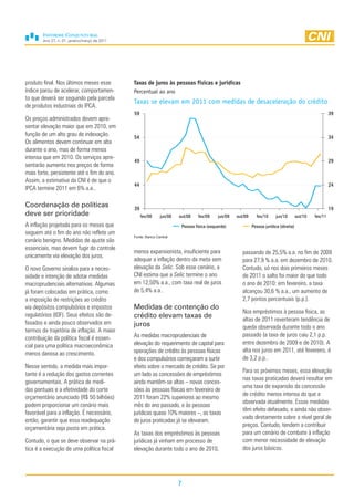 Ano 27, n. 01, janeiro/março de 2011




produto final. Nos últimos meses esse          Taxas de juros às pessoas físicas e jurídicas
índice parou de acelerar, comportamen-         Percentual ao ano
to que deverá ser seguindo pela parcela
                                               Taxas se elevam em 2011 com medidas de desaceleração do crédito
de produtos industriais do IPCA.
                                               59                                                                                                             39
Os preços administrados devem apre-
sentar elevação maior que em 2010, em
função de um alto grau de indexação.           54                                                                                                             34
Os alimentos devem continuar em alta
durante o ano, mas de forma menos
intensa que em 2010. Os serviços apre-
                                               49                                                                                                             29
sentarão aumento nos preços de forma
mais forte, persistente até o fim do ano.
Assim, a estimativa da CNI é de que o
                                               44                                                                                                             24
IPCA termine 2011 em 6% a.a..

Coordenação de políticas                       39                                                                                                             19
deve ser prioridade                                 fev/08    jun/08   out/08       fev/09    jun/09   out/09     fev/10      jun/10        out/10   fev/11
A inflação projetada para os meses que                                     Pessoa física (esquerda)             Pessoa jurídica (direita)
seguem até o fim do ano não reflete um
                                               Fonte: Banco Central
cenário benigno. Medidas de ajuste são
essenciais, mas devem fugir do controle
                                               menos expansionista, insuficiente para                     passando de 25,5% a.a. no fim de 2009
unicamente via elevação dos juros.
                                               adequar a inflação dentro da meta sem                      para 27,9 % a.a. em dezembro de 2010.
O novo Governo sinaliza para a neces-          elevação da Selic. Sob esse cenário, a                     Contudo, só nos dois primeiros meses
sidade e intenção de adotar medidas            CNI estima que a Selic termine o ano                       de 2011 o salto foi maior do que todo
macroprudenciais alternativas. Algumas         em 12,50% a.a., com taxa real de juros                     o ano de 2010: em fevereiro, a taxa
já foram colocadas em prática, como            de 5,4% a.a..                                              alcançou 30,6 % a.a., um aumento de
a imposição de restrições ao crédito                                                                      2,7 pontos percentuais (p.p.).
via depósitos compulsórios e impostos          Medidas de contenção do
                                                                                                          Nos empréstimos à pessoa física, as
regulatórios (IOF). Seus efeitos são de-       crédito elevam taxas de                                    altas de 2011 reverteram tendência de
fasados e ainda pouco observados em            juros                                                      queda observada durante todo o ano
termos da trajetória de inflação. A maior
                                               As medidas macroprudenciais de                             passado (a taxa de juros caiu 2,1 p.p.
contribuição da política fiscal é essen-
                                               elevação do requerimento de capital para                   entre dezembro de 2009 e de 2010). A
cial para uma política macroeconômica
                                               operações de crédito às pessoas físicas                    alta nos juros em 2011, até fevereiro, é
menos danosa ao crescimento.
                                               e dos compulsórios começaram a surtir                      de 3,2 p.p..
Nesse sentido, a medida mais impor-            efeito sobre o mercado de crédito. Se por
                                                                                                          Para os próximos meses, essa elevação
tante é a redução dos gastos correntes         um lado as concessões de empréstimos
                                                                                                          nas taxas praticadas deverá resultar em
governamentais. A prática de medi-             ainda mantêm-se altas – novas conces-
                                                                                                          uma taxa de expansão da concessão
das pontuais e a efetividade do corte          sões às pessoas físicas em fevereiro de
                                                                                                          de crédito menos intensa do que a
orçamentário anunciado (R$ 50 bilhões)         2011 foram 22% superiores ao mesmo
                                                                                                          observada atualmente. Essas medidas
podem proporcionar um cenário mais             mês do ano passado, e às pessoas
                                                                                                          têm efeito defasado, e ainda não obser-
favorável para a inflação. É necessário,       jurídicas quase 10% maiores –, as taxas
                                                                                                          vado diretamente sobre o nível geral de
então, garantir que essa readequação           de juros praticadas já se elevaram.
                                                                                                          preços. Contudo, tendem a contribuir
orçamentária seja posta em prática.
                                               As taxas dos empréstimos às pessoas                        para um cenário de combate à inflação
Contudo, o que se deve observar na prá-        jurídicas já vinham em processo de                         com menor necessidade de elevação
tica é a execução de uma política fiscal       elevação durante todo o ano de 2010,                       dos juros básicos.




                                                                       7
 