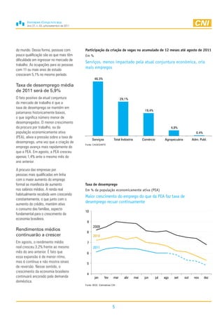 Ano 27, n. 03, julho/setembro de 2011




do mundo. Dessa forma, pessoas com             Participação da criação de vagas no acumulado de 12 meses até agosto de 2011
pouca qualificação são as que mais têm         Em %
dificuldade em ingressar no mercado de
                                               Serviços, menos impactado pela atual conjuntura econômica, cria
trabalho. As ocupações para as pessoas
com 11 ou mais anos de estudo
                                               mais empregos
cresceram 5,1% no mesmo período.
                                                       46,3%

Taxa de desemprego média
de 2011 será de 5,9%
O fato positivo da atual conjuntura                                            29,1%
do mercado de trabalho é que a
taxa de desemprego se mantém em
                                                                                                  19,4%
patamares historicamente baixos,
o que significa número menor de
desempregados. O menor crescimento
da procura por trabalho, ou da                                                                                          4,8%
população economicamente ativa                                                                                                           0,4%
(PEA), alivia a pressão sobre a taxa de
                                                     Serviços            Total Indústria         Comércio         Agropecuária         Adm. Publ.
desemprego, uma vez que a criação de
                                               Fonte: CAGED/MTE
emprego avança mais rapidamente do
que a PEA. Em agosto, a PEA cresceu
apenas 1,4% ante o mesmo mês do
ano anterior.

A procura das empresas por
pessoas mais qualificadas em linha
com o maior aumento do emprego
formal se manifesta de aumento                 Taxa de desemprego
nos salários médios. A renda real              Em % da população economicamente ativa (PEA)
habitualmente recebida vem crescendo
                                               Maior crescimento do emprego do que da PEA faz taxa de
constantemente, o que junto com o
aumento do crédito, mantém ativo
                                               desemprego recuar continuamente
o consumo das famílias, aspecto
                                               10
fundamental para o crescimento da
economia brasileira.
                                                9
                                                      2009
Rendimentos médios
                                                8
continuarão a crescer                                 2010
Em agosto, o rendimento médio                   7
real cresceu 3,2% frente ao mesmo                     2011
mês do ano anterior. É fato que                 6
essa expansão é de menor ritmo,
mas é contínua e não mostra sinais              5
de reversão. Nesse sentido, o
crescimento da economia brasileira
                                                4
continuará ancorado pela demanda                       jan      fev      mar     abr       mai    jun       jul   ago     set    out    nov     dez
doméstica.
                                               Fonte: IBGE. Estimativas CNI




                                                                        5
 