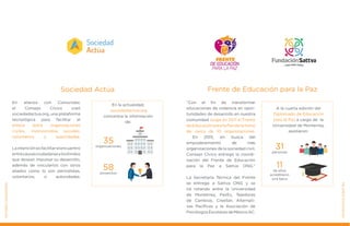 En alianza con Comunidar,
el Consejo Cívico creó
sociedadactua.org, una plataforma
tecnológica para facilitar el
enlace entre organizaciones
civiles, inversionistas sociales,
voluntarios y autoridades.
Laintenciónesfacilitarelencuentro
entrecausasciudadanasylosfondos
que desean impulsar su desarrollo,
además de vincularlos con otros
aliados como lo son periodistas,
voluntarios, o autoridades.
Sociedad Actúa
“Con el fin de transformar
situcaciones de violencia en opor-
tunidades de desarrollo en nuestra
comunidad surge en 2011 el Frente
deEducaciónparalaPazdelamano
de cerca de 10 organizaciones.
En 2015, en busca del
empoderamiento de más
organizaciones de la sociedad civil,
Consejo Cívico entregó la coordi-
nación del Frente de Educación
para la Paz a Sattva ONG.”
La Secretaría Técnica del Frente
se entregó a Sattva ONG y se
irá rotando entre la Universidad
de Monterrey, PazEs, Tejedoras
de Cambios, CreeSer, Alternati-
vas Pacíficas y la Asociación de
PsicólogosEscolaresdeMéxicoAC.
Frente de Educación para la Paz
MEJORESCIUDADANOS
MEJORESCIUDADANOS
En la actualidad,
sociedadactua.org
concentra la información
de:
35organizaciones
58proyectos
31personas
11de ellos
acreditaron
una beca
A la cuarta edición del
Diplomado de Educación
para la Paz a cargo de la
Universidad de Monterrey,
asistieron:
 