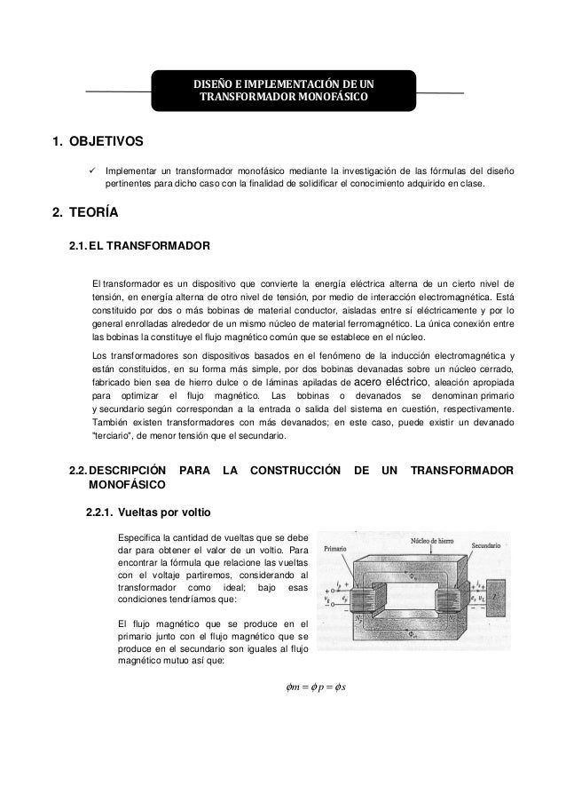 Construccion Y Diseno De Un Transformador Monofasico