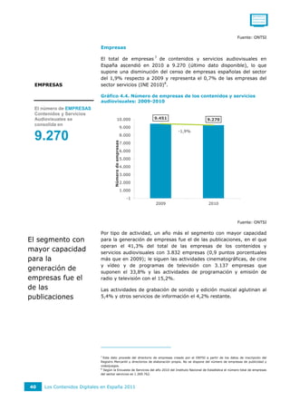 0011001111
                                                                                                                                  0110111110
                                                                                                                                  0101011010




                                                                                                                        Fuente: ONTSI

                             Empresas

                             El total de empresas 7 de contenidos y servicios audiovisuales en
                             España ascendió en 2010 a 9.270 (último dato disponible), lo que
                             supone una disminución del censo de empresas españolas del sector
                             del 1,9% respecto a 2009 y representa el 0,7% de las empresas del
 EMPRESAS                    sector servicios (INE 2010)8.

                             Gráfico 4.4. Número de empresas de los contenidos y servicios
                             audiovisuales: 2009-2010
 El número de EMPRESAS
 Contenidos y Servicios
 Audiovisuales se                             10.000               9.451                            9.270                   0,00%
 consolida en
                                                           9.000
                                                                                -1,9%
 9.270                                                     8.000                                                            -0,50%
                                      Número de empresas




                                                           7.000

                                                           6.000                                                            -1,00%

                                                           5.000

                                                           4.000                                                            -1,50%

                                                           3.000

                                                           2.000                                                            -2,00%

                                                           1.000

                                                              -1                                                            -2,50%
                                                                   2009                              2010



                                                                                                                        Fuente: ONTSI

                             Por tipo de actividad, un año más el segmento con mayor capacidad
El segmento con              para la generación de empresas fue el de las publicaciones, en el que
                             operan el 41,3% del total de las empresas de los contenidos y
mayor capacidad              servicios audiovisuales con 3.832 empresas (0,9 puntos porcentuales
para la                      más que en 2009); le siguen las actividades cinematográficas, de cine
                             y vídeo y de programas de televisión con 3.137 empresas que
generación de                suponen el 33,8% y las actividades de programación y emisión de
empresas fue el              radio y televisión con el 15,2%.

de las                       Las actividades de grabación de sonido y edición musical aglutinan al
publicaciones                5,4% y otros servicios de información el 4,2% restante.




                             7
                               Este dato procede del directorio de empresas creado por el ONTSI a partir de los datos de inscripción del
                             Registro Mercantil y directorios de elaboración propia. No se dispone del número de empresas de publicidad y
                             videojuegos.
                             8
                               Según la Encuesta de Servicios del año 2010 del Instituto Nacional de Estadística el número total de empresas
                             del sector servicios es 1.269.762.



40   Los Contenidos Digitales en España 2011
 