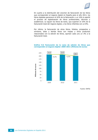 En cuanto a la distribución del volumen de facturación de los libros
                             que corresponden al negocio digital en España para el año 2011, los
                             libros digitales generaron el 42% de la facturación y un 16% lo aportó
                             el proceso de digitalización de libros profesionales, técnicos y
                             académicos. Le siguen los libros de texto, que suponen el 10% de la
                             facturación total del negocio digital, y los libros infantiles con un 8%.


                             Por último, la facturación de otros libros, folletos, prospectos y
                             similares, atlas y demás libros con mapas y otros productos
                             relacionados con la edición de libros, aportan cada uno un 3% a la
                             facturación total.




                             Gráfico 9.6 Facturación de la rama de edición de libros que
                             corresponden al negocio digital: 2009-2011 (Millones de euros)



                                                  225   213           213                       1,0%
                                                                                     201
                                                  200                        -5,5%
                                                               0,2%                             0,0%
                                                  175
                                                                                                -1,0%
                                                  150
                              Millones de euros




                                                  125                                           -2,0%

                                                  100                                           -3,0%
                                                  75
                                                                                                -4,0%
                                                  50
                                                                                                -5,0%
                                                  25

                                                   0                                            -6,0%
                                                        2009          2010           2011



                                                                                            Fuente: ONTSI




80   Los Contenidos Digitales en España 2011
 