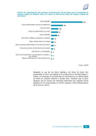 Gráfico 9.7 Distribución del volumen de facturación de los libros que corresponde al
  negocio digital en España: 2011 (% sobre la facturación total del negocio digital de
  los libros)


                                       Libros digitales
                                                                                                    42
         Libros profesionales, técnicos y académicos
                                                                           16
                                       Libros de texto
                                                                      10
                    Libros en soporte físico (cd, dvd)
                                                                  9
                                      Libros infantiles
                                                                  8
         Otros libros, folletos, prospectos y similares
                                                              3
                     Atlas y demás libros con mapas
                                                              3
Otros productos relacionados con la edición de libros
                                                              3
      Servicios de cesión de los derechos de edición
                                                              2
                         Diccionarios y enciclopedias
                                                          1
Servicios de publicación y de impresión a comisión o
                                                          1
                    por contrato
          Espacios publicitarios en libros electrónicos
                                                          1



                                                                                           Fuente: ONTSI




                            Respecto al uso de los libros digitales, los libros de texto han
                            presentado en 2011 una bajada en su producción en formato digital (-
                            9,0%), sin embargo se ha producido un incremento en la oferta digital
                            de libros de creación literaria y tiempo libre. También vale la pena
                            destacar que el número de empresas editoriales que registran libros
                            digitales se ha incrementado un 24,3% respecto a 2010 (Observatorio
                            de la Lectura, 2011).




                                                          Los Contenidos Digitales en España 2011    81
 