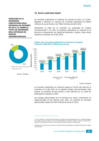 WWW

                                                          10 Sector publicidad digital


DESGLOSE DE LA
                                                          La inversión publicitaria en Internet ha crecido en 2011 un 12,6%,
INVERSIÓN
                                                          llegando a alcanzar un volumen de inversión publicitaria de 899,2
PUBLICITARIA REAL
                                                          millones de euros frente a los 798,8 millones del año 2010.
ESTIMADA EN INTERNET
EN 2011 (% SOBRE EL                                       Analizando el total de la inversión en publicidad en medios
TOTAL DE INVERSIÓN                                        convencionales 15 , en 2011 la inversión publicitaria en Internet es la
REAL ESTIMADA EN                                          tercera en importancia, por detrás de televisión y diarios. Esta misma
MEDIOS                                                    situación se produjo en el año 2010.
CONVENCIONALES)


                                                          Gráfico 10.1 Inversión publicitaria en Internet en España:
 16,3                                                     evolución 2006-2011 (Millones de euros)

                                                                                  1.000                                                                                             60,00%
                                                                                                                                                                       899,2
                                                        1.000                                                                                                    899,2         60,0%
                                                                                       900
                                                         900                                                                                         798,8
                                                                                                                                                  798,8                             50,00%
                                                                                       800                                                                                     50,0%
                                                         800                                                                                                   12,6%
                                                                   Millones de euros




                                                                                                                                   654,1
                                                                                                                                       654,1              12,6%
                                    Millones de euros




                                                         700                           700                           610,0610,0                                                   40,00%
                                                                                                                                                                               40,0%
                                                                                                                                                22,1%
                                                                                                                                            22,1%
                                                         600                           600
                                                                                                       482,4 482,4               7,2%
                                                                                                                             7,2%
                                                         500                           500                                                                                     30,0%
                                                                                                                                                                                  30,00%
                                                         400                            310,4                 26,5%
                                                                                                                  26,5%
                                                                                       400    310,4
                                                                                                                                                                               20,0%
                                                                                                                                                                                  20,00%
                        83,7                             300                           300     55,4% 55,4%
                                                         200
   Resto de medios convencionales                                                      200                                                                                     10,0%
                                                         100                                                                                                                        10,00%
   Publicidad on line                                                                  100
                                                               0                                                                                                               0,0%
                                                                                        0
                                                                                        2006           2007          2008           2009          2010           2011               0,00%
                                                                                                2006          2007          2008           2009         2010           2011
           Fuente: Infoadex

                                                                                                              TCCA 06-11 (%)       Crecimiento 2006-2011
                                                                                                                  23,7%                     190,0%



                                                                                                                                                               Fuente: Infoadex

                                                          La inversión publicitaria en Internet supone el 16,3% del total de la
                                                          inversión en el año 2011 en el capítulo medios convencionales. Esto
                                                          supone un aumento de dos puntos y ocho décimas en su cuota de
                                                          participación respecto a 2010.

                                                          Los enlaces patrocinados son el formato que mayor crecimiento ha
                                                          experimentado en los últimos cinco años. La inversión en formatos
                                                          patrocinados superó los 439 millones de euros en 2011.




                                                          15
                                                            A fin de clasificar la Inversión Real Estimada que registró el mercado publicitario en 2011 Infoadex establece
                                                          dos grandes grupos de medios en los que tradicionalmente se divide el mercado, medios convencionales y
                                                          medios no convencionales. Internet se incluye dentro del grupo de medios convencionales.


                                                          Análogamente el importe de la inversión en Internet Móvil está englobado en el epígrafe de Internet de medios
                                                          convencionales.



                                                                                                               Los Contenidos Digitales en España 2011                         85
 