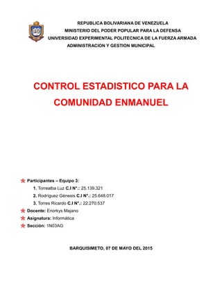 REPUBLICA BOLIVARIANA DE VENEZUELA
MINISTERIO DEL PODER POPULAR PARA LA DEFENSA
UNIVERSIDAD EXPERIMENTAL POLITECNICA DE LA FUERZA ARMADA
ADMINISTRACION Y GESTION MUNICIPAL
CONTROL ESTADISTICO PARA LA
COMUNIDAD ENMANUEL
Participantes – Equipo 3:
1. Torrealba Luz C.I N°.: 25.139.321
2. Rodríguez Génesis C.I N°.: 25.648.017
3. Torres Ricardo C.I N°.: 22.270.537
Docente: Eriorkys Majano
Asignatura: Informática
Sección: 1N03AG
BARQUISIMETO, 07 DE MAYO DEL 2015
 