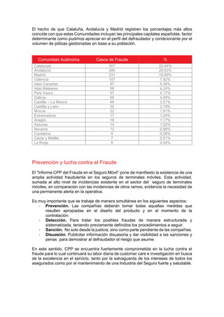 El hecho de que Cataluña, Andalucía y Madrid registren los porcentajes más altos
coincide con que estas Comunidades incluyan las principales capitales españolas, factor
determinante como pudimos apreciar en el perfil del defraudador y condicionante por el
volumen de pólizas gestionadas en base a su población.
Comunidad Autónoma Casos de Fraude %
Catalunya 307 22,44%
Andalucía 285 20,83%
Madrid 231 16,89%
Valencia 107 7,82%
Islas Canarias 87 6,36%
Islas Baleares 58 4,24%
País Vasco 57 4,17%
Galicia 56 4,09%
Castilla – La Manca 48 3,51%
Castilla y León 30 2,19%
Murcia 22 1,61%
Extremadura 17 1,24%
Aragón 16 1,17%
Asturias 14 1,02%
Navarra 12 0,88%
Cantabria 8 0,58%
Ceuta y Melilla 7 0,51%
La Rioja 6 0,44%
Prevención y lucha contra el Fraude
El “Informe CPP del Fraude en el Seguro Móvil” pone de manifiesto la existencia de una
amplia actividad fraudulenta en los seguros de terminales móviles. Esta actividad,
sumada al alto nivel de incidencias existente en el sector del seguro de terminales
móviles, en comparación con las incidencias de otros ramos, evidencia la necesidad de
una permanente alerta en la operativa.
Es muy importante que se trabaje de manera simultánea en los siguientes aspectos:
- Prevención. Las compañías deberán tomar todas aquellas medidas que
resulten apropiadas en el diseño del producto y en el momento de la
contratación.
- Detección. Para tratar los posibles fraudes de manera estructurada y
sistematizada, teniendo previamente definidos los procedimientos a seguir.
- Sanción. No solo desde la justicia, sino como parte pendiente de las compañías.
- Disuasión. Publicitar información disuasoria y dar visibilidad a las sanciones y
penas para demostrar al defraudador el riesgo que asume.
En este sentido, CPP se encuentra fuertemente comprometida en la lucha contra el
fraude para lo cual continuará su labor diaria de customer care e investigación en busca
de la excelencia en el servicio, tanto por la salvaguarda de los intereses de todos los
asegurados como por el mantenimiento de una Industria del Seguro fuerte y saludable.
 