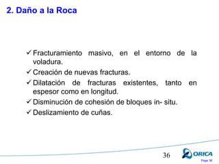 Page 36
36
 Fracturamiento masivo, en el entorno de la
voladura.
 Creación de nuevas fracturas.
 Dilatación de fracturas existentes, tanto en
espesor como en longitud.
 Disminución de cohesión de bloques in- situ.
 Deslizamiento de cuñas.
2. Daño a la Roca
 