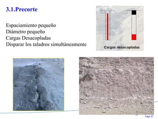 Page 47
3.1.Precorte
Espaciamiento pequeño
Diámetro pequeño
Cargas Desacopladas
Disparar los taladros simultáneamente
 