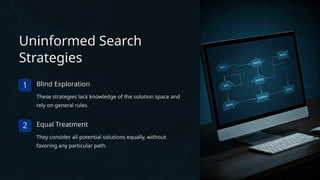 Uninformed Search
Strategies
1 Blind Exploration
These strategies lack knowledge of the solution space and
rely on general rules.
2 Equal Treatment
They consider all potential solutions equally, without
favoring any particular path.
 