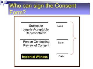 DateSubject or
Legally Acceptable
Representative
Person Conducting
Review of Consent
Date
DateWitness
Who can sign the Consent
Form?
Impartial Witness
 