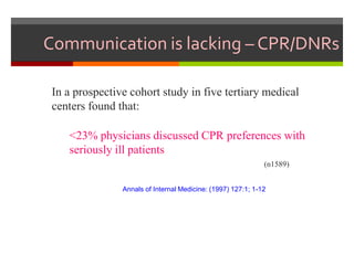 Communication is lacking – CPR/DNRs
In a prospective cohort study in five tertiary medical
centers found that:
<23% physicians discussed CPR preferences with
seriously ill patients
(n1589)
Annals of Internal Medicine: (1997) 127:1; 1-12
 