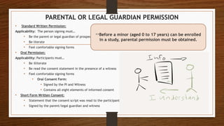 PARENTAL OR LEGAL GUARDIAN PERMISSION
• Standard Written Permission:
Applicability: The person signing must…
• Be the parent or legal guardian of prospective participant
• Be literate
• Feel comfortable signing forms
• Oral Permission:
Applicability: Participants must…
• Be illiterate
• Be read the consent statement in the presence of a witness
• Feel comfortable signing forms
• Oral Consent Form:
• Signed by the PI and Witness
• Contains all eight elements of informed consent
• Short Form Written Consent:
• Statement that the consent script was read to the participant and understood.
• Signed by the parent/legal guardian and witness
**Before a minor (aged 0 to 17 years) can be enrolled
in a study, parental permission must be obtained.
 