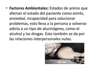 • Factores Ambientales: Estados de animo que
afectan el estado del paciente como estrés,
ansiedad, incapacidad para solucionar
problemas, esto lleva a la persona a volverse
adicta a un tipo de alucinógeno, como el
alcohol y las drogas. Esto también se da por
las relaciones interpersonales nulas.

 