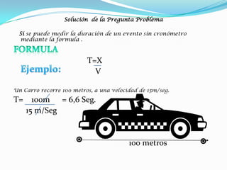 Solución de la Pregunta Problema

 Si se puede medir la duraciòn de un evento sin cronómetro
 mediante la formula .



                          T=X
                            V

Un Carro recorre 100 metros, a una velocidad de 15m/seg.

T= 100m = 6,6 Seg.
  15 m/Seg


                                         100 metros
 