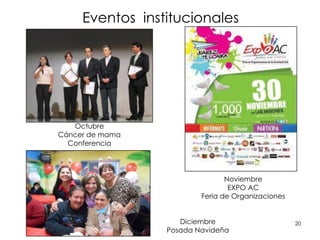 20
Eventos institucionales
Octubre
Cáncer de mama
Conferencia
Noviembre
EXPO AC
Feria de Organizaciones
Diciembre
Posada Navideña
 