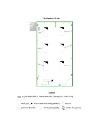 Distribución eléctrica.
Leyenda
Cajetínde breakers(5 breakdistribuidos,1breakpara la iluminación).
interruptor, fluorescente modulares yde oficina. Enchufe.
Luminariade techo. Interruptorregulador. Cámara de seguridad
 