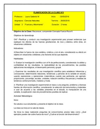 PLANIFICACIÓN DE LA CLASE N°6
Profesora : Laura Gallardo M Inicio : 30/05/2018
Asignatura : Ciencias Naturales Termino : 30/05/2018
Unidad 2 :“Fuerzas y Movimiento” Duración : 2 horas
Objetivo de la Clase: Reconocer, comprender Concepto Fuerza Roce II.
Objetivos de Aprendizaje
OA7 -Planificar y conducir una investigación experimental para proveer evidencias que
expliquen los efectos de las fuerzas gravitacional, de roce y elástica, entre otras, en
situaciones cotidianas
Indicadores:
4-Describen la fuerza de roce estática, cinética y con el aire, considerando su efecto en
objetos en situaciones cotidianas y los factores de los que depende.
Habilidades:
k -Evaluar la investigación científica con el fin de perfeccionarla, considerando: la validez y
confiabilidad de los resultados, la replicabilidad de los procedimientos, las posibles
aplicaciones tecnológicas, el desempeño personal y grupal.
j -Examinar los resultados de una investigación científica para establecer inferencias y
conclusiones: determinando relaciones, tendencias y patrones de la variable en estudio,
usando expresiones y operaciones matemáticas cuando sea pertinente, por ejemplo:
proporciones, porcentaje, escalas, unidades, notación científica, frecuencias y medidas de
tendencia central promedio, mediana y moda.
d -Planificar una investigación experimental en base a una pregunta, problema y diversas
fuentes de información científica, considerando: la selección de instrumentos y materiales
a usar de acuerdo a las variables presentes en el estudio, la manipulación de una
variable, la explicación clara de procedimientos posibles de replicar.
Actividad Metodológica
Inicio:
Se saluda a sus estudiantes y presenta el objetivo de la clase.
La clase se inicia en la sala de clases.
Se Inicia la clase realizando preguntas de conocimientos previos tales como: ¿Qué
ejemplos pueden dar sobre fuerza de roce? ¿Cuál es la función del dinamómetro?
 