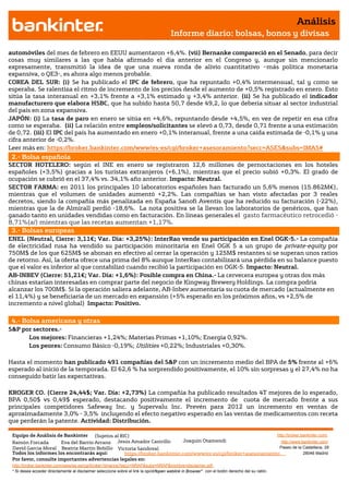 Análisis
                                                                                       Informe diario: bolsas, bonos y divisas

automóviles del mes de febrero en EEUU aumentaron +6,4%. (vii) Bernanke compareció en el Senado, para decir
cosas muy similares a las que había afirmado el día anterior en el Congreso y, aunque sin mencionarlo
expresamente, transmitió la idea de que una nueva ronda de alivio cuantitativo –más política monetaria
expansiva, o QE3-, es ahora algo menos probable.
COREA DEL SUR: (i) Se ha publicado el IPC de febrero, que ha repuntado +0,4% intermensual, tal y como se
esperaba. Se ralentiza el ritmo de incremento de los precios desde el aumento de +0,5% registrado en enero. Esto
sitúa la tasa interanual en +3,1% frente a +3,1% estimado y +3,4% anterior. (ii) Se ha publicado el indicador
manufacturero que elabora HSBC, que ha subido hasta 50,7 desde 49,2, lo que debería situar al sector industrial
del país en zona expansiva.
JAPÓN: (i) La tasa de paro en enero se sitúa en +4,6%, repuntando desde +4,5%, en vez de repetir en esa cifra
como se esperaba. (ii) La relación entre empleos/solicitantes se elevó a 0,73, desde 0,71 frente a una estimación
de 0,72. (iii) El IPC del país ha aumentado en enero +0,1% interanual, frente a una caída estimada de -0,1% y una
cifra anterior de -0,2%.
Leer más en: https://broker.bankinter.com/www/es-es/cgi/broker+asesoramiento?secc=ASES&subs=IMAS#
 2.- Bolsa española
SECTOR HOTELERO: según el INE en enero se registraron 12,6 millones de pernoctaciones en los hoteles
españoles (+3,5%) gracias a los turistas extranjeros (+6,1%), mientras que el precio subió +0,3%. El grado de
ocupación se cubrió en el 37,4% vs. 34,1% año anterior. Impacto: Neutral.
SECTOR FARMA: en 2011 los principales 10 laboratorios españoles han facturado un 5,6% menos (15.862M€),
mientras que el volumen de unidades aumentó +2,2%. Las compañías se han visto afectadas por 3 reales
decretos, siendo la compañía más penalizada en España Sanofi Aventis que ha reducido su facturación (-22%),
mientras que la de Almirall perdió -18,6%. La nota positiva se la llevan los laboratorios de genéricos, que han
ganado tanto en unidades vendidas como en facturación. En líneas generales el gasto farmacéutico retrocedió -
8,71%(a/) mientras que las recetas aumentan +1,17%.
 3.- Bolsas europeas
ENEL (Neutral, Cierre: 3,11€; Var. Día: +3,25%): InterRao vende su participación en Enel OGK-5.- La compañía
de electricidad rusa ha vendido su participación minoritaria en Enel OGK 5 a un grupo de prívate-equity por
750M$ de los que 625M$ se abonan en efectivo al cerrar la operación y 125M$ restantes si se superan unos ratios
de retorno. Así, la oferta ofrece una prima del 8% aunque InterRao contabilizará una pérdida en su balance puesto
que el valor es inferior al que contabilizó cuando recibió la participación en OGK-5. Impacto: Neutral.
AB-INBEV (Cierre: 51,21€; Var. Día: +1,6%): Posible compra en China.- La cervecera europea y otras dos más
chinas estarían interesadas en comprar parte del negocio de Kingway Brewery Holdings. La compra podría
alcanzar los 700M$. Si la operación saliera adelante, AB-Inbev aumentaría su cuota de mercado (actualmente en
el 11,4%) y se beneficiaría de un mercado en expansión (+5% esperado en los próximos años, vs +2,5% de
incremento a nivel global) Impacto: Positivo.

 4.- Bolsa americana y otras
S&P por sectores.-
      Los mejores: Financieras +1,24%; Materias Primas +1,10%; Energía 0,92%.
      Los peores: Consumo Básico -0,19%; Utilities +0,22%; Industriales +0,30%.

Hasta el momento han publicado 491 compañías del S&P con un incremento medio del BPA de 5% frente al +6%
esperado al inicio de la temporada. El 62,6 % ha sorprendido positivamente, el 10% sin sorpresas y el 27,4% no ha
conseguido batir las expectativas.

KROGER CO. (Cierre 24,44$; Var. Día: +2,73%) La compañía ha publicado resultados 4T mejores de lo esperado,
BPA 0,50$ vs 0,49$ esperado, destacando positivamente el incremento de cuota de mercado frente a sus
principales competidores Safeway Inc. y Supervalu Inc. Prevén para 2012 un incremento en ventas de
aproximadamente 3,0% - 3,5% incluyendo el efecto negativo esperado en las ventas de medicamentos con receta
que perderán la patente. Actividad: Distribución.

 Equipo de Análisis de Bankinter     (Sujetos al RIC)                                                            http://broker.bankinter.com/
 Ramón Forcada        Eva del Barrio Arranz Jesús Amador Castrillo          Joaquin Otamendi                       http://www.bankinter.com/
 David Garcia Moral Beatriz Martín Bobillo Victoria Sandoval                                                      Paseo de la Castellana, 29
 Todos los informes los encontrarás aquí:          https://broker.bankinter.com/www/es-es/cgi/broker+asesoramiento              28046 Madrid
 Por favor, consulte importantes advertencias legales en:
 http://broker.bankinter.com/www/es-es/cgi/broker+binarios?secc=NRAP&subs=NRAP&nombre=disclaimer.pdf
 * Si desea acceder directamente al disclaimer seleccione sobre el link la opciónopen weblink in Browser" con el botón derecho del su ratón.
                                                                                "
 