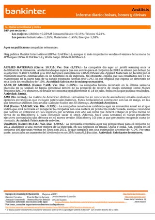 Análisis
                                                                                       Informe diario: bolsas, bonos y divisas


 4.- Bolsa americana y otras
S&P por sectores.-
      Los mejores: Utilities +0,23%M Consumo básico +0,14%; Telecos -0,24%.
      Los peores: Industriales -1,55%; Materiales -1,45%; Energía -1,38%.


Ayer no publicaron compañías relevantes.

Hoy publica Marriot International (BPAe: 0,42$/acc.), aunque lo más importante vendrá el viernes de la mano de
JPMorgan (BPAe 0,762$/acc.) y Wells Fargo (BPAe 0,809$/acc.).


APPLIED MATERIALS (Cierre: 10,71$; Var. Día: -2,72%).- La compañía dio ayer un profit warning ante la
debilidad de la demanda, adelantando que espera que sus ventas para el conjunto de 2012 se sitúen por debajo de
su objetivo: 9.100-9.500M$ y su BPA tampoco cumplirá los 0,85/0,95$/acción. Applied Materials no facilitó por el
momento nuevas estimaciones ni de beneficio ni de ingresos. No obstante, espera que sus resultados del 3T se
mantengan en la parte baja de su rango estimado (ventas 0%/-10%), lo que implica que espera un deterioro de
esta línea de resultados de -10%. Actividad: fabricante de microprocesadores.
BANK OF AMERICA (Cierre: 7,48$; Var. Día: -1,06%).- La compañía habría recortado en la última semana
plantilla en su unidad de banca comercial dentro de su proyecto de recorte de costes conocido como Nuevo
Proyecto BAC. No obstante, el detalle se conocerá probablemente el 18 de julio, fecha en la que publica resultados.
Actividad: Banca.
AMR (No cotiza).- La matriz de American Airlines (actualmente en concurso de acreedores) estaría evaluando
opciones estratégicas que incluyen potenciales fusiones. Estas declaraciones contrastan con las de mayo, en las
que American Airlines descartaba cualquier fusión con US Airways. Actividad: Aerolínea.
RIM (Cierre: 7,51CAD; Var. Día: -3,72%).- La compañía canadiense celebraba ayer su encuentro anual en el que
indicó que está centrada en recuperar la compañía con una cartera de productos modernizada, aunque reconoció
que sufrirá un retroceso en sus ingresos por servicios este año así como que deberá rebajar el precio medio de
venta de su BlackBerry 7, para conseguir sacar el stock. Además, hace unas semanas el nuevo presidente
ejecutivo comunicaba una demora en su nueva versión (Blackberry 10) con la que pretenden recuperar cuota de
mercado. Actividad: Fabricante de móviles.
CUMMINS (Cierre: 86,91$; Var. Día: -8,94%).- La compañía recortaba ayer sus perspectivas para el conjunto de
2012 aludiendo a una menor mejora de la esperada en sus negocios de Brasil, China e India. Así, espera en el
conjunto del año unas ventas en línea con 2011, lo que compara con una estimación anterior de +10%. Por otra
parte, anunciaba un aumento del dividendo en un 25% hasta 0,5$/acción. Actividad: Fabricante de motores.




 Equipo de Análisis de Bankinter (Sujetos al RIC)                                                             http://broker.bankinter.com/
 Ramón Forcada        Eva del Barrio Arranz Jesús Amador Castrillo                                              http://www.bankinter.com/
 Joaquín Otamendi Beatriz Martín Bobillo Ana de Castro                                                         Paseo de la Castellana, 29
 Todos los informes los encontrarás aquí:       https://broker.bankinter.com/www/es-es/cgi/broker+asesoramiento              28046 Madrid
 Por favor, consulte importantes advertencias legales en:
 http://broker.bankinter.com/www/es-es/cgi/broker+binarios?secc=NRAP&subs=NRAP&nombre=disclaimer.pdf
 * Si desea acceder directamente al disclaimer seleccione sobre el link la opción
                                                                                "open weblink in Browser" con el botón derecho del su ratón.
 