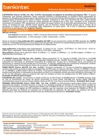 Análisis
                                                                                       Informe diario: bolsas, bonos y divisas

LUFTHANSA (Cierre: 8,70€; Var. Día: -3,57%): Interesados en adquirir la aerolínea portuguesa TAP.- El grupo
Lufthansa, que incluye Lufthansa, Swiss, Austrian Airlines y Germanwings, se muestra ahora interesado en
adquirir la compañía portuguesa que le permitiría crecer en el mercado de Latinoamérica, ya que TAP es unos de
los principales proveedores de vuelos a Brasil. Además, Lufthansa y TAP son miembros de Star Global Airline
Alliance lo que parece que le sitúa en mejor posición de compara que a IAG, que también se ha mostrado
interesado en comprar TAP, igualmente con el objeto de ganar terreno en el mercado latinoamericano. Si bien es
cierto, la creación de una posible nueva alianza, que se llamaría Latam Airlines Group, por la fusión de la
aerolínea la chilena LAN y la brasileña TAM, dependerá, en gran parte de si IAG o Lufthansa adquieren
finalmente la portuguesa TAP. Impacto: Neutral.
 4.- Bolsa americana y otras
S&P por sectores.-
      Los mejores: Consumo básico -0,06%; Consumo discrecional -0,23%; Telecomunicaciones -0,11%.
      Los peores: Materiales -1,53%; Energía -1,48%; Industriales -0,59%.

Hasta el momento han publicado 461 compañías del S&P con un incremento medio del BPA ajustado de +8,85%
frente al +0,6% esperado para 1T’12 al inicio de la temporada. El 66,9% ha sorprendido positivamente, el 9,4% sin
sorpresas y el 23,7% se ha quedado por debajo de las expectativas.

Ayer publicaron (compañías más importantes): JC Peney Co Inc (-0,4vs. -0,077$/acc. e), TJX Cos Inc (0,55 vs.
0,539 $/acc. esperado), Home Depot Inc (0,65 vs. 0,65 $/acc. esperado).
Hoy publican: Antes de la apertura Deere (2.53$/acc. e.); Target (1.009$/acc. e.); 12:00h Staples ( 0,3$/acc. e.);
Abercrombie (0,014$/acc. e).

JC PENNEY (Cierre: 33,32$; Var. Día: -0,66%).- Malos resultados 1T´12. Ventas 3.150M$ (-20,1%) vs. 3.410M$
e. y ventas comparables -18,9% vs. -12,2% esperado. Pérdida neta de -163M$ frente a 64M$ 1T´11. Además, la
compañía ha cancelado su dividendo trimestral de 0,2$/acción. El giro en su estrategia hacia una política de
descuentos y cupones ha funcionado por el momento. JC Penney adelantaba que continuará realizando cambios
estructurales y que retirará algunas líneas de su negocio. Actividad: Cadena de moda.
HOME DEPOT (Cierre: 48,67$; Var. Día: -2,43%).- Presentó resultados 1T´12 que no batieron expectativas en
cuanto a las ventas y revisó al alza sus perspectivas de BPA para el conjunto del año. Ventas 17.800M$ (+5,9%)
vs. 17.960M$ e. y BPA 0,65$ (+30%) vs. 0,65$ e. Tras buenos meses de ventas en febrero y marzo ante un clima
mucho más favorable, la demanda se desaceleró en abril y la compañía estima que esta tendencia continuará en
el 2T´12. No obstante, para el conjunto del año ha revisado al alza sus perspectivas de BPA hasta 2,9$/acc.
Actividad: Productos para el hogar.
FACEBOOK (No cotiza).- Aumentará su salida a bolsa en un 25% hasta 16.000M$ desde 12.500M$ anterior. Esto
se une al incremento de rango de precio anunciado el lunes hasta 34$-38$ por acción desde 28$-35$,
convirtiéndose así en la tercera mayor salida a bolsa en EE.UU. tras Visa y General Motors. Actividad: Red social.
PIRAMAL HEALTHCARE (Cierre: 428,5 INR; Var. Día: -0,29%): La farmacéutica india espera llevar a fin esta
operación de compra a finales de junio, lo que le va a permitir ampliar su división de I+D tras haber vendido su
negocio de formulaciones a los Laboratorios Abbott por 3720M$ en 2010. La nueva unidad que va a adquirir de
DRG cuenta con un equipo de 300 analistas y esperan que les reporten unos ingresos de 160M$ en 2012. El
objetivo principal de Piramal es centrarte en el desarrollo de patentes de alto valor, sin alejarse del sector
farmacéutico, pero abandonando la fabricación de medicamentos genéricos. Actividad: Farma.




Horas de cierres de mercados: España y resto Eurozona 17:30h, Alemania 19h, EE.UU. 22:00h, Japón 8:00h
Metodologías de valoración aplicadas (lista no exhaustiva): VAN FCF, Descuento de Dividendos, Neto Patrimonial, ratios comparables, Valor
Neto Liquidativo, Warranted Equity Value, PER teórico.



 Equipo de Análisis de Bankinter (Sujetos al RIC)                                                             http://broker.bankinter.com/
 Ramón Forcada        Eva del Barrio Arranz Jesús Amador Castrillo       Joaquin Otamendi                       http://www.bankinter.com/
 Ana de Castro        Beatriz Martín Bobillo Victoria Sandoval                                                 Paseo de la Castellana, 29
 Todos los informes los encontrarás aquí:       https://broker.bankinter.com/www/es-es/cgi/broker+asesoramiento              28046 Madrid
 Por favor, consulte importantes advertencias legales en:
 http://broker.bankinter.com/www/es-es/cgi/broker+binarios?secc=NRAP&subs=NRAP&nombre=disclaimer.pdf
 * Si desea acceder directamente al disclaimer seleccione sobre el link la opción
                                                                                "open weblink in Browser" con el botón derecho del su ratón.
 