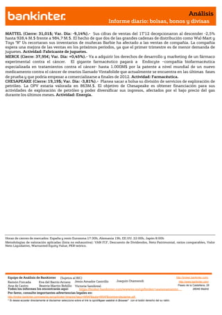 Análisis
                                                                                       Informe diario: bolsas, bonos y divisas

MATTEL (Cierre: 31,01$; Var. Día: -9,14%).- Sus cifras de ventas del 1T’12 decepcionaron al descender -2,5%
hasta 928,4 M.$ frente a 984,7 M.$. El hecho de que dos de las grandes cadenas de distribución como Wal-Mart y
Toys “R” Us recortaran sus inventarios de muñecas Barbie ha afectado a las ventas de compañía. La compañía
espera una mejora de las ventas en los próximos períodos, ya que el primer trimestre es de menor demanda de
juguetes. Actividad: Fabricante de juguetes.
MERCK (Cierre: 37,95€; Var. Día: +0,45%).- Va a adquirir los derechos de desarrollo y marketing de un fármaco
experimental contra el cáncer. El gigante farmacéutico pagará a Endocyte –compañía biofarmacéutica
especializada en tratamientos contra el cáncer- hasta 1.000M$ por la patente a nivel mundial de un nuevo
medicamento contra el cáncer de ovarios llamado Vintafolide que actualmente se encuentra en las últimas fases
de prueba y que podría empezar a comercializarse a finales de 2012. Actividad: Farmacéutica.
CHESAPEAKE (Cierre: 19,19$; Var. Día: -3,81%).- Planea sacar a bolsa su división de servicios de exploración de
petróleo. La OPV estaría valorada en 863M.$. El objetivo de Chesapeake es obtener financiación para sus
actividades de exploración de petróleo y poder diversificar sus ingresos, afectados por el bajo precio del gas
durante los últimos meses. Actividad: Energía.




Horas de cierres de mercados: España y resto Eurozona 17:30h, Alemania 19h, EE.UU. 22:00h, Japón 8:00h
Metodologías de valoración aplicadas (lista no exhaustiva): VAN FCF, Descuento de Dividendos, Neto Patrimonial, ratios comparables, Valor
Neto Liquidativo, Warranted Equity Value, PER teórico.




 Equipo de Análisis de Bankinter     (Sujetos al RIC)                                                            http://broker.bankinter.com/
 Ramón Forcada        Eva del Barrio Arranz Jesús Amador Castrillo          Joaquin Otamendi                       http://www.bankinter.com/
 Ana de Castro        Beatriz Martín Bobillo Victoria Sandoval                                                    Paseo de la Castellana, 29
 Todos los informes los encontrarás aquí:          https://broker.bankinter.com/www/es-es/cgi/broker+asesoramiento              28046 Madrid
 Por favor, consulte importantes advertencias legales en:
 http://broker.bankinter.com/www/es-es/cgi/broker+binarios?secc=NRAP&subs=NRAP&nombre=disclaimer.pdf
 * Si desea acceder directamente al disclaimer seleccione sobre el link la opciónopen weblink in Browser" con el botón derecho del su ratón.
                                                                                "
 