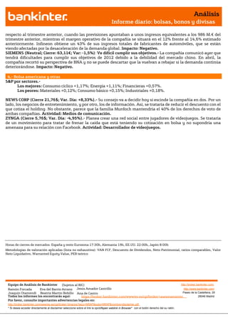 Análisis
                                                                                       Informe diario: bolsas, bonos y divisas

respecto al trimestre anterior, cuando las previsiones apuntaban a unos ingresos equivalentes a los 986 M.€ del
trimestre anterior, mientras el margen operativo de la compañía se situará en el 12% frente al 14,6% estimado
anteriormente. Infineon obtiene un 43% de sus ingresos totales de fabricantes de automóviles, que se están
viendo afectadas por la desaceleración de la demanda global. Impacto: Negativo.
SIEMENS (Neutral; Cierre: 63,11€; Var: -1,5%): Ve difícil cumplir sus objetivos.- La compañía comunicó ayer que
tendrá dificultades para cumplir sus objetivos de 2012 debido a la debilidad del mercado chino. En abril, la
compañía recortó su perspectiva de BNA y no se puede descartar que la vuelvan a rebajar si la demanda continúa
deteriorándose. Impacto: Negativo.

 4.- Bolsa americana y otras
S&P por sectores.-
      Los mejores: Consumo cíclico +1,17%; Energía +1,11%; Financieras +0,57%.
      Los peores: Materiales +0,12%; Consumo básico +0,15%; Industriales +0,18%.

NEWS CORP (Cierre 21,76$; Var. Día: +8,33%).- Su consejo va a decidir hoy si escinde la compañía en dos. Por un
lado, los negocios de entretenimiento, y por otro, los de información. Así, se trataría de reducir el descuento con el
que cotiza el holding. No obstante, parece que la familia Murdoch mantendría el 40% de los derechos de voto de
ambas compañías. Actividad: Medios de comunicación.
ZYNGA (Cierre 5,76$; Var. Día: -4,95%).- Planea crear una red social entre jugadores de videojuegos. Se trataría
de un movimiento para tratar de frenar la caída que está teniendo su cotización en bolsa y no supondría una
amenaza para su relación con Facebook. Actividad: Desarrollador de videojuegos.




Horas de cierres de mercados: España y resto Eurozona 17:30h, Alemania 19h, EE.UU. 22:00h, Japón 8:00h
Metodologías de valoración aplicadas (lista no exhaustiva): VAN FCF, Descuento de Dividendos, Neto Patrimonial, ratios comparables, Valor
Neto Liquidativo, Warranted Equity Value, PER teórico




 Equipo de Análisis de Bankinter     (Sujetos al RIC)                                                            http://broker.bankinter.com/
 Ramón Forcada        Eva del Barrio Arranz Jesús Amador Castrillo                                                 http://www.bankinter.com/
 Joaquín Otamendi Beatriz Martín Bobillo Ana de Castro                                                            Paseo de la Castellana, 29
 Todos los informes los encontrarás aquí:          https://broker.bankinter.com/www/es-es/cgi/broker+asesoramiento              28046 Madrid
 Por favor, consulte importantes advertencias legales en:
 http://broker.bankinter.com/www/es-es/cgi/broker+binarios?secc=NRAP&subs=NRAP&nombre=disclaimer.pdf
 * Si desea acceder directamente al disclaimer seleccione sobre el link la opciónopen weblink in Browser" con el botón derecho del su ratón.
                                                                                "
 