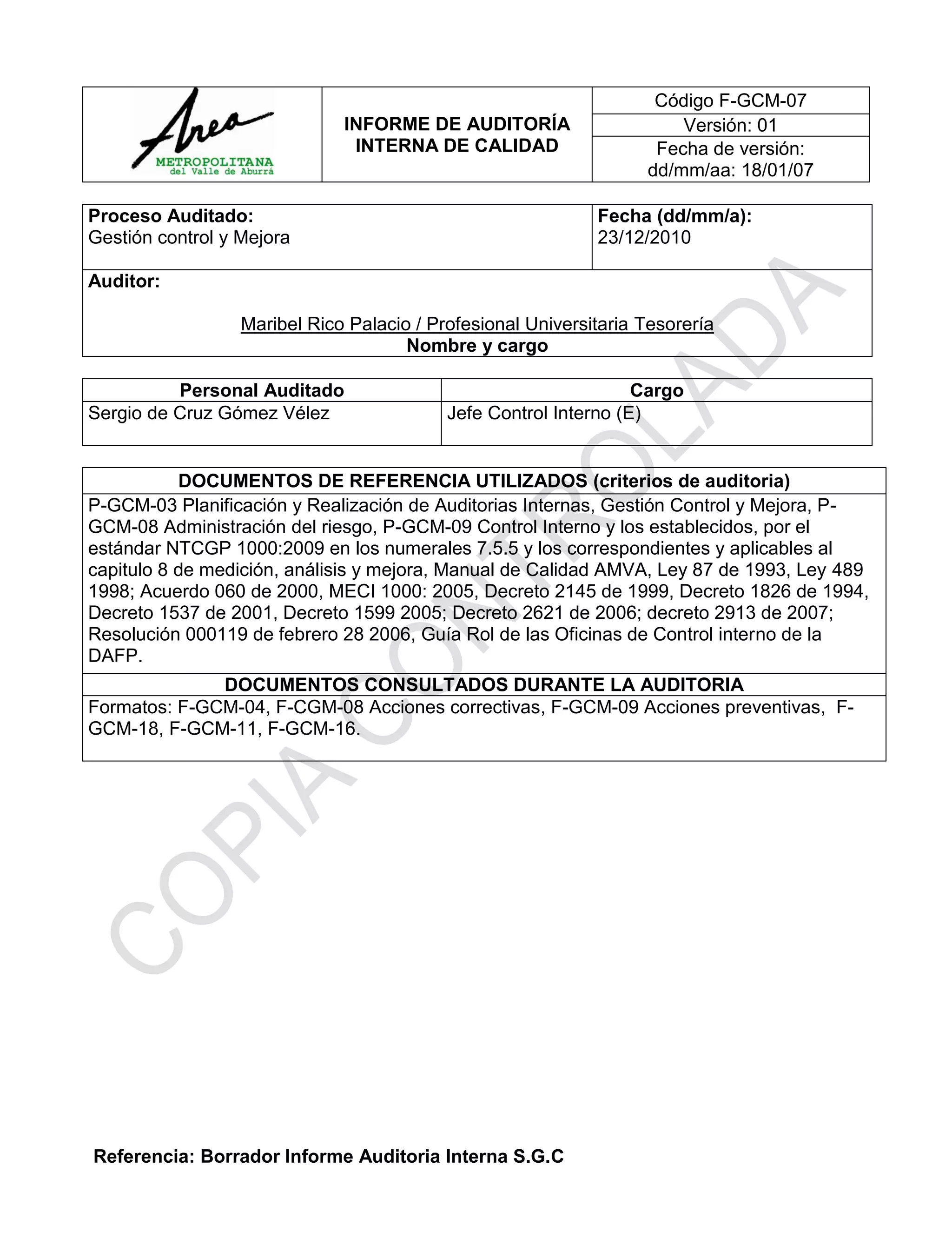 Informe de auditoria control interno | PDF