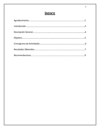 3


                       ÍNDICE
Agradecimiento…………………………………………………………………………………………….1

Introducción………………………………………………………………………………………………….2

Descripción General………………………………………………………………………………………4

Objetivo………………………………………………………………………………………………………..5

Cronograma de Actividades…………………………………………………………………………..6

Resultados Obtenidos……………………………………………………………………………………7

Recomendaciones…………………………………………………………………………………………9
 