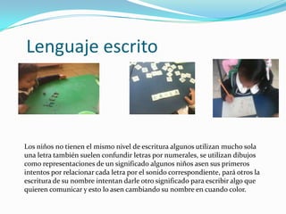 Lenguaje escrito



Los niños no tienen el mismo nivel de escritura algunos utilizan mucho sola
una letra también suelen confundir letras por numerales, se utilizan dibujos
como representaciones de un significado algunos niños asen sus primeros
intentos por relacionar cada letra por el sonido correspondiente, pará otros la
escritura de su nombre intentan darle otro significado para escribir algo que
quieren comunicar y esto lo asen cambiando su nombre en cuando color.
 
