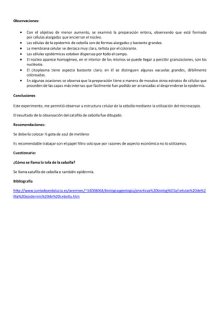 Observaciones:
Con el objetivo de menor aumento, se examinó la preparación entera, observando que está formada
por células alargadas que encierran el núcleo.
Las células de la epidermis de cebolla son de formas alargadas y bastante grandes.
La membrana celular se destaca muy clara, teñida por el colorante.
Las células epidérmicas estaban dispersas por todo el campo.
El núcleo aparece homogéneo, en el interior de los mismos se puede llegar a percibir granulaciones, son los
nucléolos.
El citoplasma tiene aspecto bastante claro, en él se distinguen algunas vacuolas grandes, débilmente
coloreadas.
En algunas ocasiones se observa que la preparación tiene a manera de mosaico otros estratos de células que
proceden de las capas más internas que fácilmente han podido ser arrancadas al desprenderse la epidermis.
Conclusiones
Este experimento, me permitió observar a estructura celular de la cebolla mediante la utilización del microscopio.
El resultado de la observación del catafilo de cebolla fue dibujado.
Recomendaciones:
Se debería colocar ½ gota de azul de metileno
Es recomendable trabajar con el papel filtro solo que por razones de aspecto económico no lo utilizamos.
Cuestionario:
¿Cómo se llama la tela de la cebolla?
Se llama catafilo de cebolla o también epidermis.
Bibliografía
http://www.juntadeandalucia.es/averroes/~14008068/biologiaygeologia/practicas%20biolog%EDa/celulas%20de%2
0la%20epidermis%20de%20cebolla.htm
 