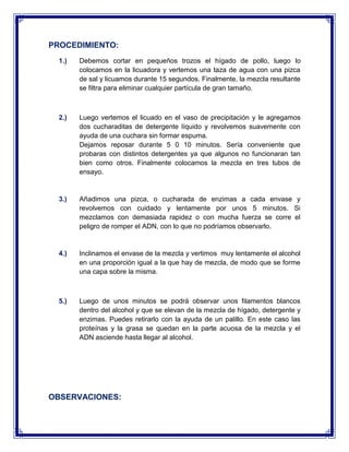 PROCEDIMIENTO:
1.)

Debemos cortar en pequeños trozos el hígado de pollo, luego lo
colocamos en la licuadora y vertemos una taza de agua con una pizca
de sal y licuamos durante 15 segundos. Finalmente, la mezcla resultante
se filtra para eliminar cualquier partícula de gran tamaño.

2.)

Luego vertemos el licuado en el vaso de precipitación y le agregamos
dos cucharaditas de detergente líquido y revolvemos suavemente con
ayuda de una cuchara sin formar espuma.
Dejamos reposar durante 5 0 10 minutos. Sería conveniente que
probaras con distintos detergentes ya que algunos no funcionaran tan
bien como otros. Finalmente colocamos la mezcla en tres tubos de
ensayo.

3.)

Añadimos una pizca, o cucharada de enzimas a cada envase y
revolvemos con cuidado y lentamente por unos 5 minutos. Si
mezclamos con demasiada rapidez o con mucha fuerza se corre el
peligro de romper el ADN, con lo que no podríamos observarlo.

4.)

Inclinamos el envase de la mezcla y vertimos muy lentamente el alcohol
en una proporción igual a la que hay de mezcla, de modo que se forme
una capa sobre la misma.

5.)

Luego de unos minutos se podrá observar unos filamentos blancos
dentro del alcohol y que se elevan de la mezcla de hígado, detergente y
enzimas. Puedes retirarlo con la ayuda de un palillo. En este caso las
proteínas y la grasa se quedan en la parte acuosa de la mezcla y el
ADN asciende hasta llegar al alcohol.

OBSERVACIONES:

 