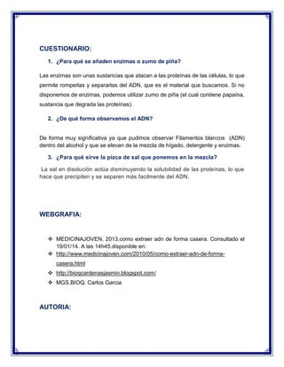 CUESTIONARIO:
1. ¿Para qué se añaden enzimas o zumo de piña?
Las enzimas son unas sustancias que atacan a las proteínas de las células, lo que
permite romperlas y separarlas del ADN, que es el material que buscamos. Si no
disponemos de enzimas, podemos utilizar zumo de piña (el cual contiene papaína,
sustancia que degrada las proteínas).
2. ¿De qué forma observamos el ADN?

De forma muy significativa ya que pudimos observar Filamentos blancos (ADN)
dentro del alcohol y que se elevan de la mezcla de hígado, detergente y enzimas.
3. ¿Para qué sirve la pizca de sal que ponemos en la mezcla?
La sal en disolución actúa disminuyendo la solubilidad de las proteínas, lo que
hace que precipiten y se separen más facilmente del ADN.

WEBGRAFIA:

 MEDICINAJOVEN, 2013.como extraer adn de forma casera. Consultado el
19/01/14. A las 14h45.disponible en:
 http://www.medicinajoven.com/2010/05/como-extraer-adn-de-formacasera.html
 http://bioqcardenasjasmin.blogspot.com/
 MGS.BIOQ. Carlos Garcia

AUTORIA:

 