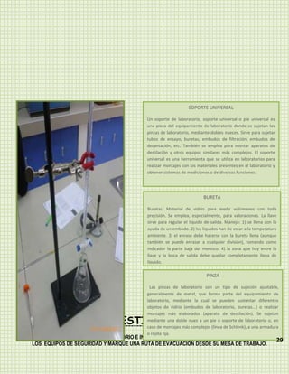 SOPORTE UNIVERSAL

                                            Un soporte de laboratorio, soporte universal o pie universal es
                                            una pieza del equipamiento de laboratorio donde se sujetan las
                                            pinzas de laboratorio, mediante dobles nueces. Sirve para sujetar
                                            tubos de ensayo, buretas, embudos de filtración, embudos de
                                            decantación, etc. También se emplea para montar aparatos de
                                            destilación y otros equipos similares más complejos. El soporte
                                            universal es una herramienta que se utiliza en laboratorios para
                                            realizar montajes con los materiales presentes en el laboratorio y
                                            obtener sistemas de mediciones o de diversas funciones.




                                                                         BURETA

                                            Buretas. Material de vidrio para medir volúmenes con toda
                                            precisión. Se emplea, especialmente, para valoraciones. La llave
                                            sirve para regular el líquido de salida. Manejo: 1) se llena con la
                                            ayuda de un embudo. 2) los líquidos han de estar a la temperatura
                                            ambiente. 3) el enrase debe hacerse con la bureta llena (aunque
                                            también se puede enrasar a cualquier división), tomando como
                                            indicador la parte baja del menisco. 4) la zona que hay entre la
                                            llave y la boca de salida debe quedar completamente llena de
                                            líquido.

                                                                          PINZA

                                             Las pinzas de laboratorio son un tipo de sujeción ajustable,
                                            generalmente de metal, que forma parte del equipamiento de
                                            laboratorio, mediante la cual se pueden sustentar diferentes
                                            objetos de vidrio (embudos de laboratorio, buretas...) o realizar
                                            montajes más elaborados (aparato de destilación). Se sujetan
                             CUESTIONARIO   mediante una doble nuez a un pie o soporte de laboratorio o, en
                                            caso de montajes más complejos (línea de Schlenk), a una armadura
                                            o rejilla fija.
1. ELABORE UN ESQUEMA DEL LABORATORIO E INDIQUE LAS ZONAS DE SEGURIDAD, Y LA POSICIÓN DE
                                                                                                                 29
   LOS EQUIPOS DE SEGURIDAD Y MARQUE UNA RUTA DE EVACUACIÓN DESDE SU MESA DE TRABAJO.
 