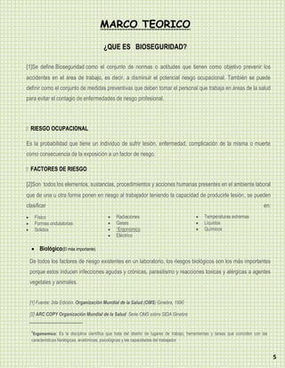 MARCO TEORICO

                                         ¿QUE ES BIOSEGURIDAD?

[1]Se define Bioseguridad como el conjunto de normas o actitudes que tienen como objetivo prevenir los
accidentes en el área de trabajo, es decir, a disminuir el potencial riesgo ocupacional. También se puede
definir como el conjunto de medidas preventivas que deben tomar el personal que trabaja en áreas de la salud
para evitar el contagio de enfermedades de riesgo profesional.




RIESGO OCUPACIONAL

Es la probabilidad que tiene un individuo de sufrir lesión, enfermedad, complicación de la misma o muerte
como consecuencia de la exposición a un factor de riesgo.

FACTORES DE RIESGO

[2]Son todos los elementos, sustancias, procedimientos y acciones humanas presentes en el ambiente laboral
que de una u otra forma ponen en riesgo al trabajador teniendo la capacidad de producirle lesión, se pueden
clasificar                                                                                                                      en:
      Físico                                    Radiaciones                                    Temperaturas extremas
      Formas ondulatorias                       Gases                                          Líquidos
      Solidos                                   1Ergonómico                                    Químicos
                                                Eléctrico

        Biológico(El más importante)

 De todos los factores de riesgo existentes en un laboratorio, los riesgos biológicos son los más importantes
 porque estos inducen infecciones agudas y crónicas, parasitismo y reacciones toxicas y alérgicas a agentes
 vegetales y animales.


 [1] Fuente: 2da Edición. Organización Mundial de la Salud (OMS) Ginebra, 1990

 [2] ARC COPY Organización Mundial de la Salud Serie OMS sobre SIDA Ginebra


  1
   Ergonomico: Es la disciplina científica que trata del diseño de lugares de trabajo, herramientas y tareas que coinciden con las
  características fisiológicas, anatómicas, psicológicas y las capacidades del trabajador


                                                                                                                                      5
 