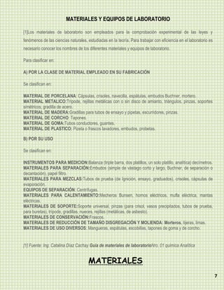 MATERIALES Y EQUIPOS DE LABORATORIO

[1]Los materiales de laboratorio son empleados para la comprobación experimental de las leyes y
fenómenos de las ciencias naturales, estudiadas en la teoría. Para trabajar con eficiencia en el laboratorio es
necesario conocer los nombres de los diferentes materiales y equipos de laboratorio.

Para clasificar en:

A) POR LA CLASE DE MATERIAL EMPLEADO EN SU FABRICACIÓN

Se clasifican en:

MATERIAL DE PORCELANA: Cápsulas, crisoles, navecilla, espátulas, embudos Buchner, mortero.
MATERIAL METALICO:Trípode, rejillas metálicas con o sin disco de amianto, triángulos, pinzas, soportes
simétricos, gradilla de acero.
MATERIAL DE MADERA:Gradillas para tubos de ensayo y pipetas, escurridores, pinzas.
MATERIAL DE CORCHO: Tapones.
MATERIAL DE GOMA:Tubos conductores, guantes.
MATERIAL DE PLASTICO: Pizeta o frascos lavadores, embudos, probetas.

B) POR SU USO

Se clasifican en:

INSTRUMENTOS PARA MEDICION:Balanza (triple barra, dos platillos, un solo platillo, analítica) decímetros.
MATERIALES PARA SEPARACIÓN:Embudos (simple de vástago corto y largo, Buchner, de separación o
decantación), papel filtro.
MATERIALES PARA MEZCLAS:Tubos de prueba (de Ignición, ensayo, graduados), crisoles, cápsulas de
evaporación.
EQUIPOS DE SEPARACIÓN: Centrífugas.
MATERIALES PARA CALENTAMIENTO:Mecheros Bunsen, hornos eléctricos, mufla eléctrica, mantas
eléctricas.
MATERIALES DE SOPORTE:Soporte universal, pinzas (para crisol, vasos precipitados, tubos de prueba,
para buretas), trípode, gradillas, nueces, rejillas (metálicas, de asbesto).
MATERIALES DE CONSERVACIÓN:Frascos.
MATERIALES DE REDUCCIÓN DE TAMAÑO DISGREGACIÓN Y MOLIENDA: Morteros, tijeras, limas.
MATERIALES DE USO DIVERSOS: Mangueras, espátulas, escobillas, tapones de goma y de corcho.


[1] Fuente: Ing. Catalina Díaz Cachay Guía de materiales de laboratorioNro. 01 química Analítica


                                      MATERIALES
                                                                                                                  7
 