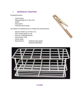 I.

MATERIALES Y REACTIVOS

De laboratorio tenemos:
-

Tubos de ensayo
Pipetas graduadas de 1 ml, 5ml y 10ml.
Gradilla
Frasco goteros
Pinzas para tubos de ensayo

Con respecto a los materiales que se van a emplear como reactivos tenemos:
-

Solución de almidón con un PH 6.6, al 1%.
Cloruro de sodio solución al 0.1M
Enzima al 1% (AMILASA SALIVAL)
Acido clorhídrico 0.05N
Solución yodada
Reactivo folin Wu :
A) Solución Cúprica alcalina
B) Solución fosfomolíbdica.

Gradilla

 