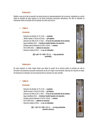 Explicación:
Debido a que el pH de la reacción fue ácido provoco la desnaturalización de la enzima, impidiendo su acción
sobre el sustrato de esta manera no se formó productos (azucares reductores). Por ello el indicador al
interactuar sobre el sustrato tiño la reacción de color azul oscuro.

 TUBO V:
Contenido:
_ Solución de almidón al 1% (1ml) → sustrato.
_ Buffer fosfato 0.1M pH 6.6 (5ml) → pH optimo.
_ Solución de ClNa al 2% (1.4ml) → Cl es el ión activador de la enzima.
_ Agua destilada (2ml) → brinda el medio líquido a la reacción.
_ Amilasa salival dializada al 0.25% (0.6ml) → enzima
_ HCl 0.05N (5ml) → detiene la reacción.
_ Solución iodada (0.5ml) → I2 es un indicador.
[S] + pH + E + HCl + Cl + I2 → hay productos
(amarillo).

Explicación:
En esta reacción no hubo ningún factor que altere la acción de la enzima sobre el sustrato por ello la
formación de productos (azucares reductores) se dio sin ningún inconveniente. Este tipo de reacción es ideal.
Al interactuar el indicador con los productos tiño la reacción de color amarillo.

 TUBO VI:
Contenido:
_ Solución de almidón al 1% (1ml) → sustrato.
_ Buffer borato 0.1M pH 9.0 (5ml) → pH básico.
_ Solución de ClNa al 2% (1.4ml) → Cl es el ión activador de la enzima.
_ Agua destilada (2ml) → brinda el medio líquido a la reacción.
_ Amilasa salival dializada al 0.25% (0.6ml) → enzima
_ HCl 0.05N (5ml) → detiene la reacción.
_ Solución iodada (0.5ml) → I2 es un indicador.
[S] + ↑pH + E + HCl + Cl + I2 → no hay productos
(marrón oscuro).

 