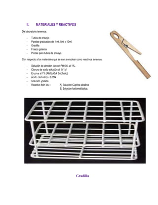 II.

MATERIALES Y REACTIVOS

De laboratorio tenemos:
-

Tubos de ensayo
Pipetas graduadas de 1 ml, 5ml y 10ml.
Gradilla
Frasco goteros
Pinzas para tubos de ensayo

Con respecto a los materiales que se van a emplear como reactivos tenemos:
-

Solución de almidón con un PH 6.6, al 1%.
Cloruro de sodio solución al 0.1M
Enzima al 1% (AMILASA SALIVAL)
Ácido clorhídrico 0.05N
Solución yodada
Reactivo folin Wu :
A) Solución Cúprica alcalina
B) Solución fosfomolíbdica.

Gradilla

 