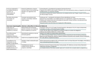 El recurso implantado a     Esfuerzos preferentes y mayores         Universalización y consolidación de programa de Educación Rural.
los establecimientos es     recursos a favor de las escuelas que    Programa de las 900 Escuelas amplió su atención a los cursos parvularios anexos y al segundo ciclo de cada
el mismo, sin               atienden a los segmentos más            establecimiento, en convenios trienales.
diferenciación de           pobres.                                 Se aumenta la Subvención Escolar Preferencial a los establecimientos que Tengan una gran concentración
vulnerabilidad.                                                     de niños de Bajos recursos.

No existe vínculo entre     Promover acercamiento entre             Fondo para sub – contratación de Asistencia Técnica decidida por los liceos.
las escuelas y la           escuelas y comunidad, mediante          Apoyo de las universidades a los establecimientos en la capacitación y soporte de la Red Enlaces.
comunidad.                  redes de apoyo.                         Proyectos de Fortalecimiento de las facultades de educación incluye incentivo a vinculaciones entre
                                                                    Universidades, escuelas y docentes.
                                                                    Educación dual en casi cien liceos con el apoyo de 2.500 empresas.

Una tarea impostergable: reformar y diversificar la Educación Media (2)
Cada sector era             Reforzamiento de la formación           Formación común en 1º y 2º medio, formación general, reforzada en 3º y 4º, incluye componentes
independiente entre lo      general y terminar con el dualismo      orientados a la vida y a la formación para el trabajo.
académico y lo técnico.     entre lo académico y lo técnico.        A partir del año 2003 el país estableció la enseñanza media con carácter de obligatoria.
                                                                    Cobertura de enseñanza Media de un 93% en 2003
Poca diferenciación         Diversificación posterior al ciclo de   Desde 3º y 4º medio se incluyen planes diversificados.
entre los liceos            formación general.                      En 1999 la Educación Media Técnico Profesional queda compuesta por áreas del Sector productivo.
académicos y técnicos.                                              Nacen los Liceo Polivalentes, donde se imparte Enseñanza Humanista como también Técnica Profesional.
Antiguo marco curricular.   Insistir en las competencias básicas.   OF Y CM, definen competencias básicas.

La enseñanza no se          Extender a todos la educación para      45% de alumnos/as de media en ETP, en formación común se incluye Educación Tecnológica, Informática y
implantaba con una          el trabajo.                             otros contenidos pertinentes al trabajo.
mirada a la vida laboral.
Poca autonomía y            Flexibilidad para que los               Ministerio fomenta Proyectos Educativos Institucionales, PEI, Reforma curricular ofrece libertad de
participación de los        establecimientos definan su             elaboración de planes y programas.
establecimientos en el      proyecto e identidad.                   Los Establecimientos Particulares pueden optar por la creación de sus propios planes y programas de
marco educacional y
 