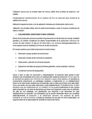 Calidad:la vacuna que se emplea debe ser inocua, estéril, tener pruebas de potencia y ser
estable.

Conservación:el mantenimiento de la cadena de frío es esencial para preservar la
calidad de la vacuna.

Aplicación:respetar las dosis y vía de aplicación indicadas por el laboratorio elaborador.

Utilización: los animales deben tener la edad recomendada y estar en buenas condiciones de
salud y nutrición.

    CALENDARIO SANITARIO PARA CERDOS

Dentro de la producción porcina la sanidad conjuntamente con las técnicas de manejo, localidad
genética y la nutrición constituyen los pilares fundamentales de la producción intensiva de
cerdos de alta calidad. Si alguno de ellos falla o se conduce desorganizadamente, no
es de esperar buenos resultados a la hora de vender el producto.

El manejo sanitario que le debe proporcionar al cerdo incluye:

       Adecuado manejo sanitario de los lechones

       Adecuado manejo de las marranas en gestación.

       Observación y atención al momento del parto.

       Separar los animales por grupos (hembras gestantes, vacías, lactantes, machos).

       Cumplir las normas de bioseguridad.

Llevar a cabo un plan de vacunación y desparasitación. El productor debe ajustar el plan
sanitario a las necesidades de la zona y en especial dela unidad de producción. En el caso de
la sanidad los gastos son mínimos con relación a esos otros pilares y el beneficio es
inversamente proporcional. La estrategias sanitarias a implementar en un establecimiento
tienen como base el plan sanitario que se desarrolle, este no debe ser tomado como algo rígido,
como una receta, sino que debe adecuarse a cada establecimiento. Probablemente, el plan
sanitario que se implemente en un criadero no se pueda implementar en otro, porque
está compuesto de una serie de elementos que hacen que responda a cada caso en particular.
Se trata de una estrategia, una planificación que responde a las demandas de cada
establecimiento en particular. Las actividades que se prevén desarrollar deben ser cumplidas
sistemáticamente, el productor y el veterinario asumen una especie de pacto
mediante el cual el primero cumplirá las directivas de ese plan en forma sistemática y el
segundo debe ser el responsable de controlar la marcha del mismo.
 