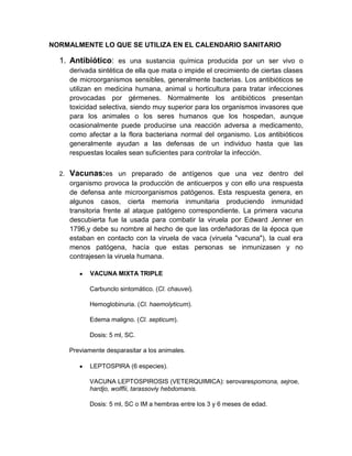 NORMALMENTE LO QUE SE UTILIZA EN EL CALENDARIO SANITARIO

  1. Antibiótico: es una sustancia química producida por un ser vivo o
       derivada sintética de ella que mata o impide el crecimiento de ciertas clases
       de microorganismos sensibles, generalmente bacterias. Los antibióticos se
       utilizan en medicina humana, animal u horticultura para tratar infecciones
       provocadas por gérmenes. Normalmente los antibióticos presentan
       toxicidad selectiva, siendo muy superior para los organismos invasores que
       para los animales o los seres humanos que los hospedan, aunque
       ocasionalmente puede producirse una reacción adversa a medicamento,
       como afectar a la flora bacteriana normal del organismo. Los antibióticos
       generalmente ayudan a las defensas de un individuo hasta que las
       respuestas locales sean suficientes para controlar la infección.


  2.   Vacunas:es un preparado de antígenos que una vez dentro del
       organismo provoca la producción de anticuerpos y con ello una respuesta
       de defensa ante microorganismos patógenos. Esta respuesta genera, en
       algunos casos, cierta memoria inmunitaria produciendo inmunidad
       transitoria frente al ataque patógeno correspondiente. La primera vacuna
       descubierta fue la usada para combatir la viruela por Edward Jenner en
       1796,y debe su nombre al hecho de que las ordeñadoras de la época que
       estaban en contacto con la viruela de vaca (viruela "vacuna"), la cual era
       menos patógena, hacía que estas personas se inmunizasen y no
       contrajesen la viruela humana.

              VACUNA MIXTA TRIPLE

              Carbunclo sintomático. (Cl. chauvei).

              Hemoglobinuria. (Cl. haemolyticum).

              Edema maligno. (Cl. septicum).

              Dosis: 5 ml, SC.

       Previamente desparasitar a los animales.

              LEPTOSPIRA (6 especies).

              VACUNA LEPTOSPIROSIS (VETERQUIMICA): serovarespomona, sejroe,
              hardjo, wolffii, tarassoviy hebdomanis.

              Dosis: 5 ml, SC o IM a hembras entre los 3 y 6 meses de edad.
 