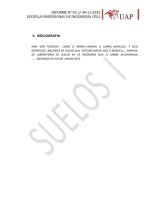 INFORME Nº 03 // 30-11-2015
ESCUELA PROFESIONAL DE INGENIERÍA CIVIL
42
5. BIBLIOGRAFIA:
KARL VON TERZAGHI (1943) // BRINCH_HANSEN // JUAREZ BADILLO,E. Y RICO
RODRIGUEZ…MECANICA DE SUELOS.3era EDICION LIMUSA 2001 // BOWLES,J…. MANUAL
DE LABORATORIO DE SUELOS EN LA INGENIERIA CIVIL // LAMBE ,W,WHIMAN,R
……..MECANICA DE SUELOS LIMUSA 1972
 