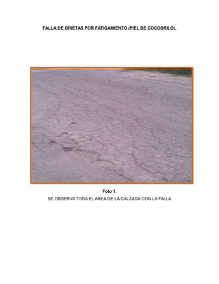 FALLA DE GRIETAS POR FATIGAMIENTO (PIEL DE COCODRILO).
Foto 1.
SE OBSERVA TODA EL AREA DE LA CALZADA CON LA FALLA
 