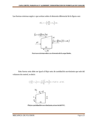 CAPA LIMITE, PARADOJA D’ ALEMBERT, DEMOSTRACION DE FORMULAS DE CANALES
MECANICA DE FLUIDOS Página29
Las fuerzas externas según x que actúan sobre el elemento diferencial de la figura son:
Esta fuerza neta debe ser igual al flujo neto de cantidad de movimiento que sale del
volumen de control, es decir:
Fuerzas externas sobre un elementode la capa límite.
Flujo cantidad de movimiento a través del VC.
 